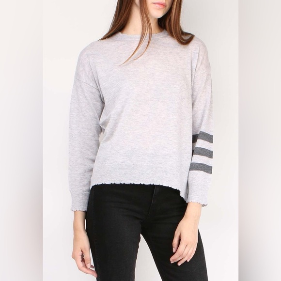 Anthropologie Sundry Wool Cashmere Scallop Gray Stripe Sleeve Sweater EUC Sz 1/S - Picture 1 of 12